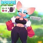 1:1 absurd_res anthro bat big_breasts blurred_background bottomwear bra breasts clothing female hi_res huge_breasts looking_at_viewer mammal midriff open_mouth open_smile pants rouge_the_bat sega sharp_teeth sheerly_(artist) smile solo sonic_the_hedgehog_(series) strip_meme sweatpants teeth underwear