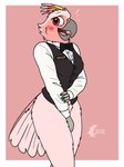 Rating: q
ID: 5600349
Date: 2025-05-26 17:12:19 -0400
Status: active
Score: 11
2025 absurd_res anthro avian bartender bird blush bottomless bottomless_female bow_tie breasts clothed clothing cockatoo collared_shirt covering covering_crotch dress_shirt feathered_crest feathers female fish_birb head_crest hi_res jenny_(fish_birb) major_mitchell's_cockatoo name_tag non-mammal_breasts parrot pink_background pink_body pink_feathers pinup pose red_eyes shirt shy simple_background solo tail thick_thighs topwear uniform vest waiter waitress_uniform watermark post #5600349