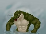 4:3 abs alligator alligatorid anthro biceps crocodile crocodilian digital_media_(artwork) feelieowo glowing glowing_eyes green_body hi_res male muscular muscular_anthro muscular_male open_mouth partially_submerged pecs reptile scales scalie sharp_teeth simple_background smile solo teeth upper_body water