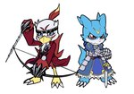 accessory anthro armor arrow_(weapon) bandai_namco blue_body blue_eyes bow_(weapon) brown_body brown_feathers claws digimon digimon_(species) duo feathers hawkmon headband hi_res male melee_weapon oh_sorry_02 ranged_weapon sword veemon weapon