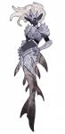 armor black_body black_skin blue_eyes breastplate clothing ear_scar female fin fin_scar fish furgonomics gauntlets gloves hair handwear headgear helmet hi_res juanmao1997 marine merfolk pauldron scar shark simple_background solo split_form tail tail_fin tail_fin_scar tail_scar warrior white_background white_hair