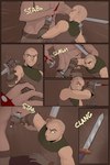 2017 2:3 5_fingers arbuzbudesh blood bodily_fluids clothed clothing colored comic duo fight fingers hair hi_res human human_only inside larger_human larger_male light_body light_skin male mammal melee_weapon muscular muscular_human muscular_male not_furry size_difference stab sword text weapon yellow_text