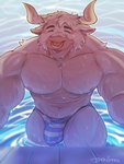 2023 3:4 anthro asterion_(minotaur_hotel) big_pecs blep blue_light bovid bovine clothed clothing european_mythology facial_piercing flag flag_print flag_swimwear front_view fur greece greek greek_flag greek_mythology hi_res horn light lighting male mammal minotaur minotaur_hotel muscular muscular_anthro muscular_male muscular_thighs mythology nipples nose_piercing nose_ring partially_submerged pecs piercing pool poolside print_clothing print_swimwear ring_piercing smile solo speedo speedo_only swimming_pool swimwear thick_thighs tongue tongue_out topless toragoru water wet wet_body white_body white_fur