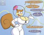 anthro big_breasts breasts brown_body cleavage clothed clothing dialogue female flower flower_cloud_(spongebob) hi_res huge_breasts linhe_(mklancer00) mammal mklancer00 nickelodeon plant rodent sandy_cheeks sciurid spongebob_squarepants tree_squirrel