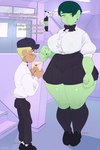 2:3 bottomwear breasts clothing female green_body green_skin hi_res human humanoid larger_female male mammal not_furry orc roumgu size_difference skirt smaller_male thick_thighs