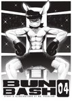 2024 abs anthro biped black_hair bodily_fluids bottomwear boxing_gloves bun_bash clothing comic cover cover_art cover_page ears_up english_text fighting_ring hair handwear hare hi_res lagomorph leporid looking_at_viewer male mammal monochrome muscular muscular_anthro muscular_male niko_(peculiart) nipples pants peculiart rabbit shorts sitting solo sweat sweatdrop text