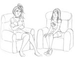 arania bottomwear breasts clothed clothing comic duo eveleen_(tcitw) female footwear furniture hair hi_res human human_only mammal midriff monochrome not_furry shoes shorts skirt sofa suki_(tcitw) the_cabin_in_the_woods_(arania)