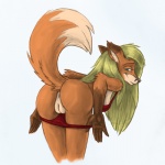 1:1 anthro anus bent_over bikini biped blonde_hair bottomwear bottomwear_down butt canid canine clothed clothing colored female fox genitals hair looking_at_viewer looking_back mammal mooning pants pants_down partially_clothed plump_labia presenting presenting_hindquarters pusspuss pussy raised_tail simple_background skimpy solo swimwear tail two-piece_swimsuit