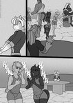 5_fingers anthro anthro_on_anthro biped bulge butt clothed clothing comic equid equine eyes_closed femboy fingers freckles_(artist) group hooves horse intraspecies laugh male male/male mammal monochrome muscular muscular_anthro muscular_male open_mouth open_smile smile tail trio