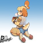 1:1 absurd_res animal_crossing anthro arm_tattoo bell big_butt big_ears bottomwear bracelet bubble_gum butt canid canine canis claws clothing collar crop_top cutoffs denim denim_bottomwear denim_clothing domestic_dog ear_piercing feet female fishnet_clothing fishnet_leggings fishnet_legwear foot_focus fur gaming hi_res isabelle_(animal_crossing) jewelry kneeling leggings legwear looking_at_viewer looking_back mammal nintendo nintendo_switch pawnoart pawpads paws piercing playing_video_game shih_tzu shirt shorts solo spiked_bracelet spiked_collar spikes tail tattoo thick_thighs toe_claws topwear torn_clothing toy_dog translucent translucent_clothing yellow_body yellow_fur