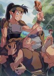 5_fingers 5_toes absurd_res ancpaghetti biped black_hair clothed clothing eyebrows feet female fingers group hair hi_res humanoid humanoid_pointy_ears inuyasha koga_(inuyasha) male not_furry plant toes tree