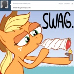 1:1 apple applejack_(mlp) ask_jappleack biped blonde_hair clothing cowboy_hat dialogue drugs earth_pony english_text equid equine female feral food freckles friendship_is_magic fruit green_eyes hair hasbro hat headgear headwear horse hotdiggedydemon lighter mammal marijuana my_little_pony plant pony ponytail solo text tumblr