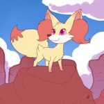 1:1 2016 3_toes black_nose cloud countershade_face countershade_fur countershading cute_fangs detailed_background digital_media_(artwork) dipstick_tail eyelashes feet female fennekin feral flat_colors fluffy fluffy_tail front_view fur generation_6_pokemon hi_res inner_ear_fluff markings nintendo nude outside pink_eyes pink_inner_ear pokemon pokemon_(species) pose quadruped red_inner_ear_fluff rock shikaro signature sky smile solo standing tail tail_markings taquita_(shikaro) three-quarter_view toes tuft white_body white_countershading yellow_body yellow_fur