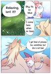 blue_eyes cloud comic dialogue duo eeveelution english_text female female/female feral fluffy fluffy_tail generation_1_pokemon generation_6_pokemon gradient_background grass hair hair_over_eye hi_res hug interspecies loreking nature nature_background ninetales nintendo one_eye_obstructed plant pokemon pokemon_(species) ribbons rose_(loreking) simple_background sparkles speech_bubble sylveon tail talking_feral text