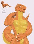 2023 3_fingers abs absurd_res anthro biceps biped claws digital_media_(artwork) dragon dragon_mania_legends english_text eyebrows fingers hi_res horn kogito male muscular muscular_anthro muscular_male mythological_creature mythological_scalie mythology open_mouth orange_body orange_eyes orange_scales pecs scales scalie simple_background solo tail text white_background wingless_dragon yellow_body yellow_scales