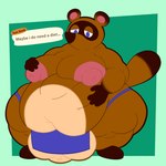 2024 absurd_res animal_crossing anthro apron balls big_balls big_moobs blue_apron blue_clothing blue_eyes brown_body brown_ears brown_fur brown_nose brown_tail canid canine clothing digital_media_(artwork) english_text fur gameplay_mechanics genitals half-closed_eyes hand_on_belly hand_on_moob hand_on_own_belly hi_res huge_balls hyper hyper_balls hyper_genitalia itsme_hilo male mammal moobs multicolored_body multicolored_ears multicolored_fur narrowed_eyes nintendo nipples obese obese_anthro obese_male overweight overweight_anthro overweight_male pink_nipples raccoon_dog solo standing tail tanuki text text_box three-quarter_view tom_nook_(animal_crossing) two_tone_ears two_tone_tail