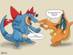 4:3 absurd_res angry animal_genitalia belly blaze_the_charizard_(derekdragon) blue_body charizard cloaca comic crocodilian derekdragon dialogue dragon duo english_text fangs feral feraligatr generation_1_pokemon generation_2_pokemon genitals hi_res male male/male membrane_(anatomy) membranous_wings mythological_creature mythological_scalie mythology nintendo orange_body pokemon pokemon_(species) reptile scalie standing tail talking_feral teeth text togar_the_feraligatr_(derekdragon) wings yellow_belly