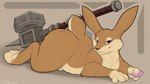 16:9 2024 anthro armello barnaby_(armello) big_butt buckteeth butt condom digital_drawing_(artwork) digital_media_(artwork) feet hammer hindpaw holding_condom holding_object lagomorph league_of_geeks leporid long_ears looking_at_viewer lying male mammal maul nude on_front paws q-blackbun rabbit seductive sexual_barrier_device simple_background solo tail teeth tools weapon widescreen