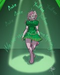 2017 4:5 5_fingers absurd_res anthro anthrofied blue_eyes bottomwear bouncing_breasts breasts clothing dancing directed_motion_outline equid equine eyelashes eyeliner female fingers friendship_is_magic fur glistening glistening_arms glistening_breasts glistening_clothing glistening_hair glistening_legs glistening_shirt glistening_tail glistening_topwear green_background green_bottomwear green_clothing green_curtains green_shirt green_skirt green_topwear hair hasbro hi_res holidays horse impact_lines lyrics makeup mammal my_little_pony pink_body pink_fur pink_hair pink_tail pinkamena_(mlp) pinkie_pie_(mlp) plantigrade pony shirt signature simple_background skirt solo spotlight st._patrick's_day stage t-shirt tail tap_dancing threewontoo topwear unguligrade_anthro