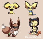 2013 ambiguous_gender artist_name biped black_tail blue_scarf brown_background brown_eyes bukoya cheek_spots closed_smile digital_media_(artwork) eevee english_text eyewear feral fluffy fluffy_tail generation_1_pokemon generation_2_pokemon group meowth mouth_closed muro_(aots) neck_tuft nintendo one_eye_closed open_mouth paws pichu pink_cheeks pokemon pokemon_(species) purple_eyes quadruped scarf simple_background smile standing sunglasses tail text tuft white_sclera white_text