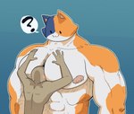 2024 :3 abs ambiguous_gender anon anthro black_eyes blush calico_cat domestic_cat dot_eyes duo epic_games face_in_chest felid feline felis fortnite fur head_between_pecs looking_down_at_another male male/ambiguous mammal meowscles muscular muscular_anthro muscular_arms muscular_male nipples orange_body orange_fur pecs pokonuki question_mark simple_background thick_neck white_body white_fur