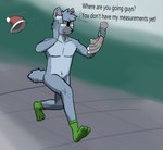 absurd_res anthro canid canine clothing english_text footwear foxhound_(fanteliscio) hat headgear headwear hi_res holding_clothing holding_object holding_underwear male mammal manofmanyfaces nude running socks solo text underwear underwear_in_hand