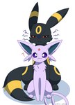 2022 :3 ambiguous_gender annoyed big_ears black_body black_ears black_fur black_tail blue_inner_ear blush blush_stickers canid cheek_tuft chest_tuft colored digital_media_(artwork) dipstick_ears duo ear_markings eeveelution emanata espeon facial_markings facial_tuft felid feline feral forehead_gem forehead_markings forked_tail front_view frown full-length_portrait fur gem generation_2_pokemon head_markings hi_res kemono larger_ambiguous larger_feral leg_markings long_ears looking_at_viewer mammal markings monotone_body monotone_fur monotone_tail multicolored_body multicolored_ears multicolored_fur multicolored_tail narrowed_eyes nintendo no_sclera oblivious orange_eyes pink_body pink_ears pink_fur pink_tail pokemon pokemon_(species) portrait pupils purple_eyes quadruped question_mark ring_(marking) simple_background sitting size_difference smaller_ambiguous smaller_feral tail tail_markings tuft two_tone_body two_tone_ears two_tone_fur two_tone_tail umbreon unusual_anatomy unusual_tail white_background white_pupils yellow_body yellow_ears yellow_fur yellow_markings yellow_tail yuni_kemono