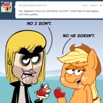 1:1 apple applejack_(mlp) ask_jappleack blonde_hair bodily_fluids clothing dialogue drooling duo earth_pony eating english_text equid equine eyebrows food friendship_is_magic fruit fur green_eyes hair hasbro hat headgear headwear horse hotdiggedydemon human looking_at_viewer male mammal mickey_the_dick my_little_pony orange_body orange_fur plant pony saliva simple_background text tumblr unibrow