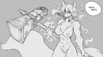 16:9 2023 anthro big_breasts breasts canid canine female fire fox fur genitals hammer large_weapon looking_at_viewer mammal maul melee_weapon monochrome nipples nude pussy regys_(carp) solo tools watsup weapon widescreen