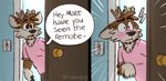 anthro antlers black_nose blush bottomwear clothing comic darwin_(tinydeerguy) deer dialogue door doorknob english_text grey_bottomwear grey_clothing grey_pants horn inside light_switch male mammal pants pink_clothing pink_shirt pink_t-shirt pink_topwear shirt solo t-shirt text tinydeerguy topwear