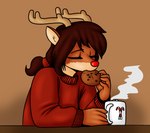 2022 anthro antlers beverage brown_background candy chocolate clothed clothing color_edit colored container cookie cup deer dessert digital_media_(artwork) eating eyes_closed female female_anthro food fur hair hi_res horn hot_chocolate linkido mammal mug new_world_deer ponytail red_clothing red_nose red_sweater red_topwear reindeer rue_(the-minuscule-task) simple_background solo steam sweater the-minuscule-task third-party_edit topwear