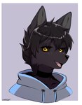 anthro black_nose black_sclera canid canine canis clothed clothing darkwolf_(darkwolfdemon) digital_media_(artwork) femboy fur hair hi_res hoodie looking_at_viewer male mammal mishabahl open_mouth solo teeth tongue topwear wolf yellow_eyes