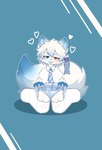 ambiguous_gender anthro blue_bottomwear blue_clothing blue_panties blue_skirt blue_underwear bottomwear canid canine childish_panties cinnamon_(cinnamoroll) cinnamoroll clothing fox fur heterochromia hi_res kemono legwear mammal necktie panties sanrio skirt snowfoxk46 solo thigh_highs tongue tongue_out underwear white_body white_fur