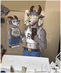 anthro bathroom bathtub belt belt_buckle border bottomwear bovid buckle caprine clothing coffee_stain_studios crop_top denim denim_bottomwear denim_clothing ear_piercing ear_tag electronics epic_games female fortnite fur goat goat_simulator grey_body grey_fur hi_res holding_object holding_phone horizontal_pupils horn jeans lego mammal meme mirror navel pants phone piercing pilgor_(goat_simulator) pupils saintbullart scut_tail shirt short_tail sink solo tail text text_on_clothing text_on_topwear tongue tongue_out topwear white_border yellow_eyes