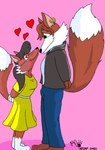 anthro black_hair bobbi_fox breasts brown_body brown_fur bulge canid canine cheek_tuft clothed clothing digital_media_(artwork) dipstick_tail dress duo facial_tuft female fox fur gloves_(marking) hair harley_(kthanid) heart_symbol herm_(lore) kthanid_(artist) leg_markings male male/female mammal markings pink_background rutwell_forest simple_background socks_(marking) tail tail_markings toony tuft