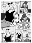 2020 anthro bottomwear breasts clothed clothing comic dialogue duo english_text eyewear eyewear_on_head felid female hi_res hybrid larger_male liger male mammal monochrome muscular muscular_male nimzy noms_(nimzy) pantherine shorts size_difference smaller_female sunglasses sunglasses_on_head text tobi_(nimzy) url