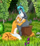 anthro apode belly big_belly blue_eyes blue_hair blue_nipples closed_smile draconcopode duo felid feline female fur grass grey_body grey_fur grey_inner_ear_fluff hair head_feathers head_on_belly hi_res inner_ear_fluff legless lynx male mammal milk-jug mouth_closed naga narrowed_eyes nipples nude outside plant pregnant pregnant_anthro pregnant_female serpentine sitting smile tree tuft white_body white_fur yuna_hikkari