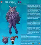 description duo english_text female generation_1_pokemon gengar hair hi_res human humanoid kinkymation long_hair male mammal nintendo pokemon pokemon_(species) pokemorph purple_body purple_hair purple_skin red_eyes smile species_description species_name species_sheet text text_box yellow_eyes