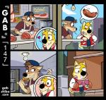 anthro backwards_baseball_cap backwards_hat baseball_cap blush butcher canid canine canis clothing comic dialogue domestic_dog duo food gab_(comic) gab_shiba gabshiba hat headgear headwear heart_symbol humor innuendo male male_anthro mammal meat misunderstanding one_eye_closed pictographics sausage shiba_inu spitz wink