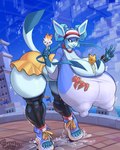 2024 anthro areola bent_over big_breasts big_butt blue_body bottomwear breasts bulging_breasts butt cleavage clothed clothing dated dessert eeveelution english_text female food footwear generation_4_pokemon glaceon hi_res hotpants huge_breasts huge_butt huge_hips huge_thighs hyper hyper_breasts ice_cream knee_highs knee_socks legwear nintendo nipple_outline nipples pokemon pokemon_(species) puffy_areola puffy_nipples sandals shirt shoes shorts signature snao socks solo t-shirt text thick_thighs tongue tongue_out topwear wide_hips