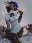 2024 5_fingers ambiguous_gender anthro black_hair blue_eyes bottomwear breasts brown_body brown_fur clothed clothing duo female fingers front_view fur hair hand_on_leg hand_on_thigh hi_res highlights_(coloring) hyena inner_ear_fluff looking_at_viewer mammal shirt sitting skirt spread_legs spreading tail teeth topwear tuft yshanii