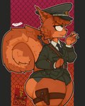 absurd_res anthro big_butt blue_eyes bottomwear buckteeth bulge butt catboyz cigarette clothed clothing communism detailed_bulge digital_media_(artwork) fur german_democratic_republic german_flag german_text germany gun hair hat headgear headwear hi_res holding_cigarette holding_object holster holstered_pistol hotpants huge_butt komissar_karl male mammal military military_cap military_clothing military_uniform necktie orange_body orange_fur politics ranged_weapon rodent sciurid shorts simple_background solo tail teeth text thick_thighs thigh_holster topwear translated tree_squirrel uniform weapon wide_hips