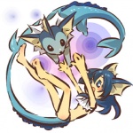 1:1 animal_humanoid barefoot bikini blue_hair clothing cosplay duo eeveelution feet female feral generation_1_pokemon hair hitec human humanoid mammal midriff nintendo pokemon pokemon_(species) simple_background swimwear tail two-piece_swimsuit vaporeon