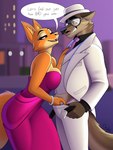 2022 3:4 anthro bedroom_eyes bottomwear breast_squish breasts canid canine canis clothing conditional_dnp dialogue diane_foxington digital_media_(artwork) drako1997 dreamworks dress duo english_text eyewear facial_hair female fox fur glasses grope hand_in_pants hand_on_chest hat headgear headwear hi_res male male/female mammal mr._wolf_(the_bad_guys) mustache narrowed_eyes necktie pants seductive sharp_teeth speech_bubble squish suit teeth text the_bad_guys true_love wolf