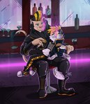 absurd_res alternative_fashion anthro cybergoth duo felid goth hi_res katxfish latex lion male male/male mammal on_lap pantherine party rave roxxie_schnee sitting sitting_on_lap smoke smoke_from_mouth smoking snow_leopard