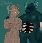 3_eyes anthro blind blush creaking_(minecraft) disability elemental_creature flora_fauna hi_res horn male male/male microsoft minecraft mojang multi_eye nasthane open_mouth plant standing teeth warden_(minecraft) wood xbox_game_studios