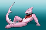 anthro bdsm bondage bound chastity_bulge chastity_device clothing collar dolfengra endium fish green_eyes key_on_collar latex latex_clothing latex_skinsuit male marine null_bulge open_mouth pink_latex rubber_clothing s.a.d._suit shark skinsuit solo spread_legs spreading tight_clothing