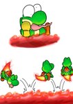 ambiguous_gender boots burning butt_on_fire clothing fifybear fire footwear green_yoshi hand_on_butt lava mario_bros nintendo pain shell shoes solo tail tail_on_fire tongue tongue_out yoshi