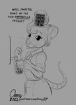 2022 4_fingers anthro apron beverage buckteeth clothed clothing container cup dialogue dress ear_piercing english_text female fingers fluid_tap fully_clothed greyscale guide_lines hair hair_bun holding_container holding_cup holding_mug holding_object humor it's_on_the_mouse looking_at_viewer mammal meme monochrome motion_lines mouse mug murid muriel_(omny87) murine object_on_head omny87 open_mouth piercing pun rodent rolled_up_sleeves root_beer side_view sketch smile soda soda_fountain solo talking_to_viewer teeth text text_emphasis underline url waiter whiskers