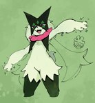 absurd_res ambiguous_gender anthro cute_fangs fangs felid feline fur generation_9_pokemon goonie-san green_background green_body green_fur hi_res mammal meowscarada nintendo open_mouth pink_eyes pokemon pokemon_(species) short_tail simple_background solo standing tail teeth